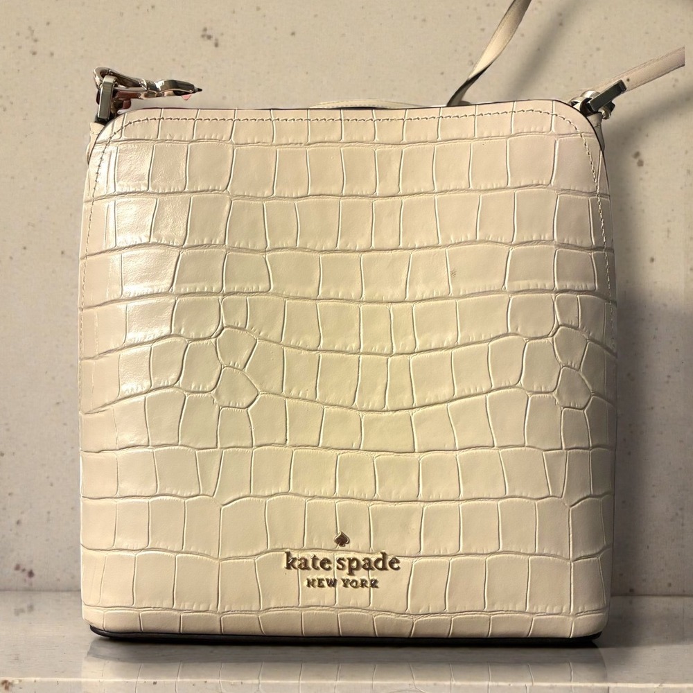 Kate Spade Marti Crocodile Embossed Leather Bucket Crossbody Bag Ivory Satchel